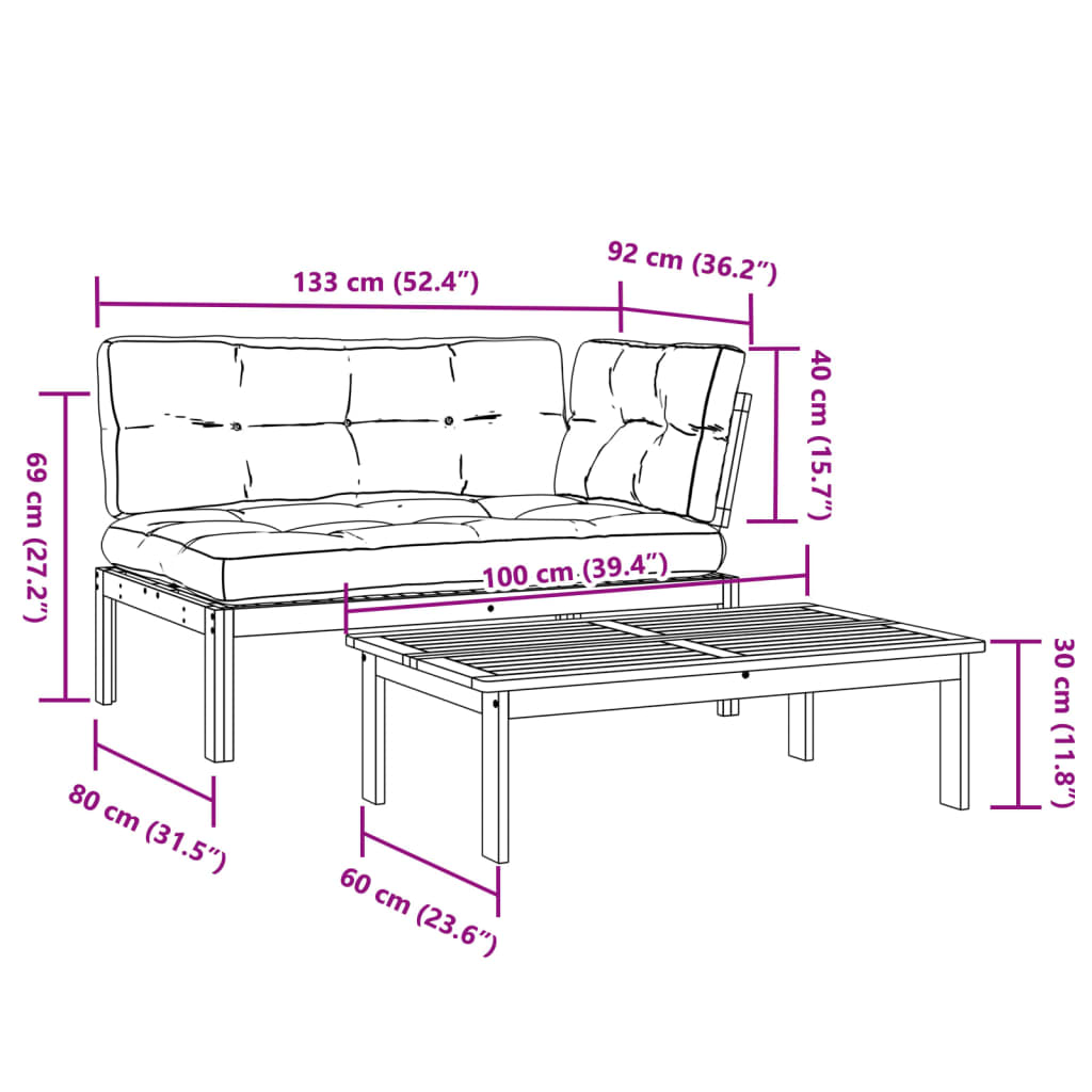 2-Delige Loungeset Pallet Met Kussens Massief Acaciahout Grijs